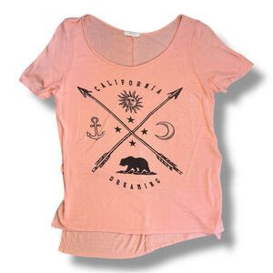Aran's Den Graphic California Dreaming Pink Peach Tee with Black Print Sz L